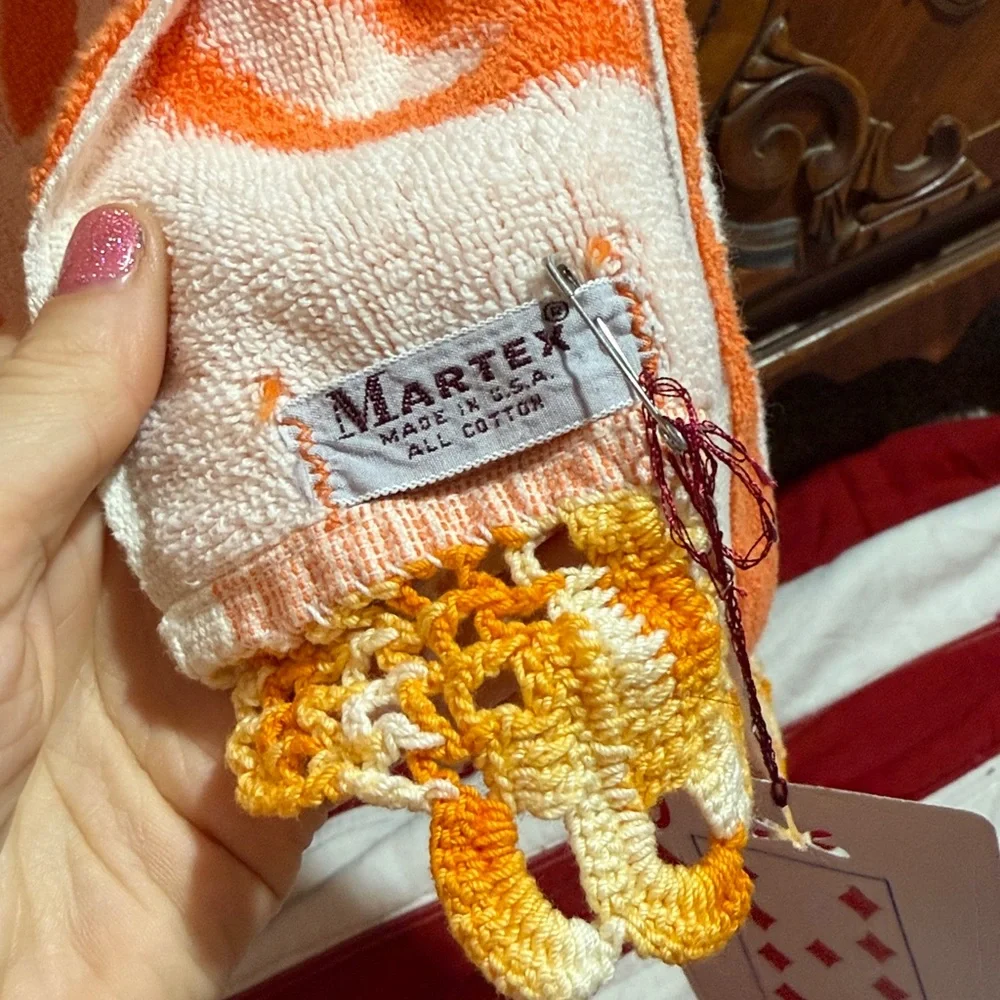 True Vintage crochet hem Orange White Geometric Towel  by MARTEX, cotton, USA
